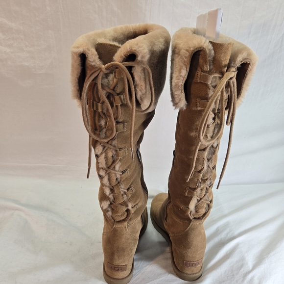 UGG Women's 9.5 Femme Over The Knee Chestnut Suede Fur Wedge Tall Boots New - Picture 6 of 8